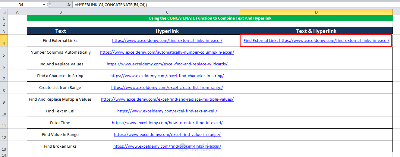 Using the HYPERLINK with the CONCATENATE Function to combine text and hyperlink