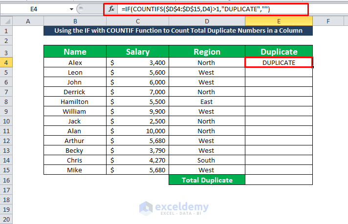 Using the IF with COUNTIF Function to Count Total Duplicate Numbers in a Column