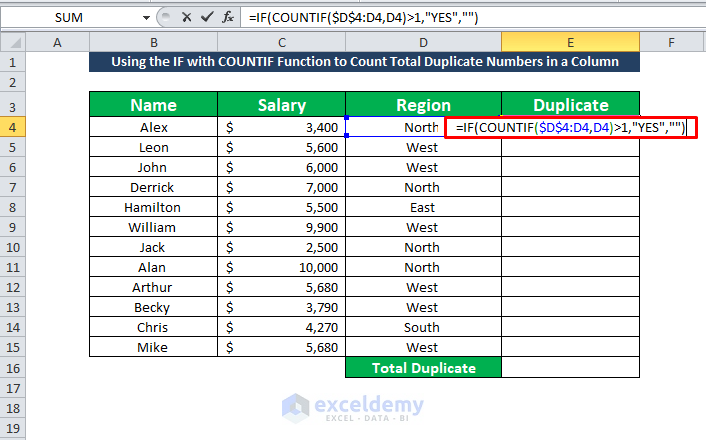 Using the IF with COUNTIF Function to Count Total Duplicate Numbers in a Column