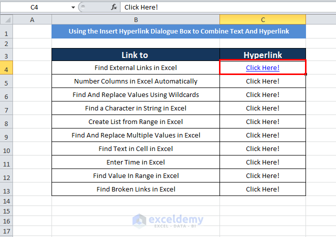 Using the Insert Hyperlink Dialogue Box to Combine Text And Hyperlink