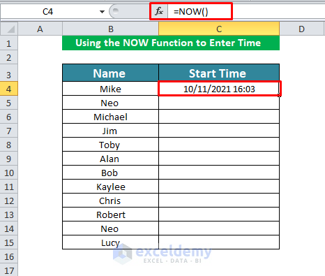 Using the NOW Function to Enter Time in Excel