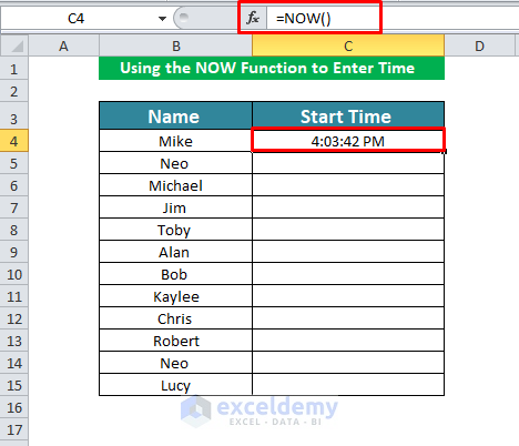 Using the NOW Function to Enter Time in Excel