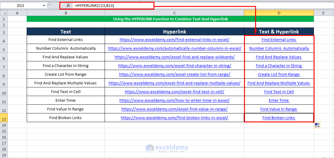 Using the standard HYPERLINK Function to combine text and hyperlink