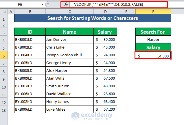 Search for Starting Words or Characters Inserting VLOOKUP with Wildcard 
