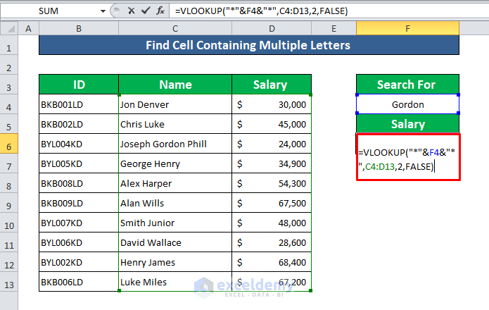 Find Cell Containing Multiple Letters Using VLOOKUP with Wildcards in Excel