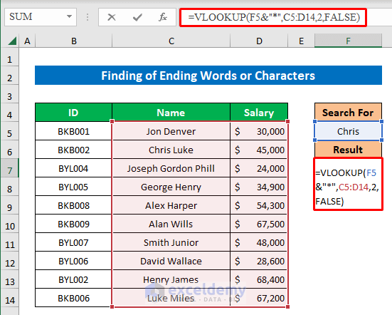 Find Ending Words or Characters Applying VLOOKUP with Wildcard