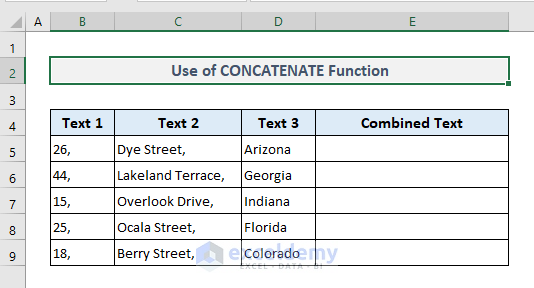 Use of CONCATENATE or CONCAT Function to Join Multiple Columns in Excel