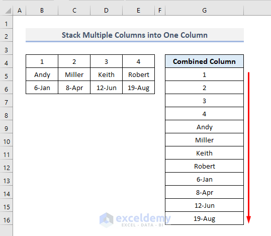 Stack Multiple Columns into One Column in Excel