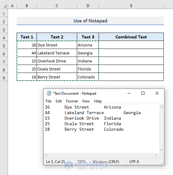 Use of Notepad to Merge Columns Data in Excel