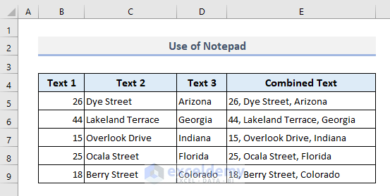 Use of Notepad to Merge Columns Data in Excel