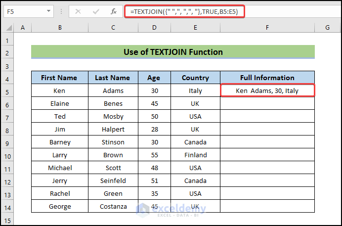 using TEXTJOIN function to Combine Text from Two or More Cells into One Cell in Excel