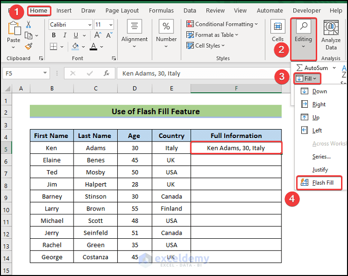 Combine Text from Multiple Cells with Flash Fill Feature in Excel
