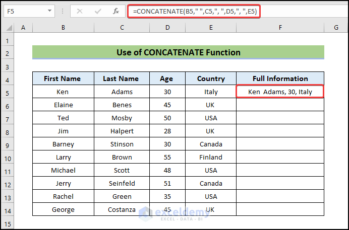 Combine Text by using CONCATENATE function