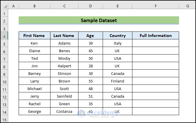 sample data of Combining Text from Two or More Cells into One Cell in Excel