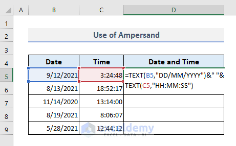 Use of Ampersand (&) to Concatenate Date and Time in Excel