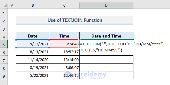 Use of TEXTJOIN Function to Concatenate Date and Time in Excel