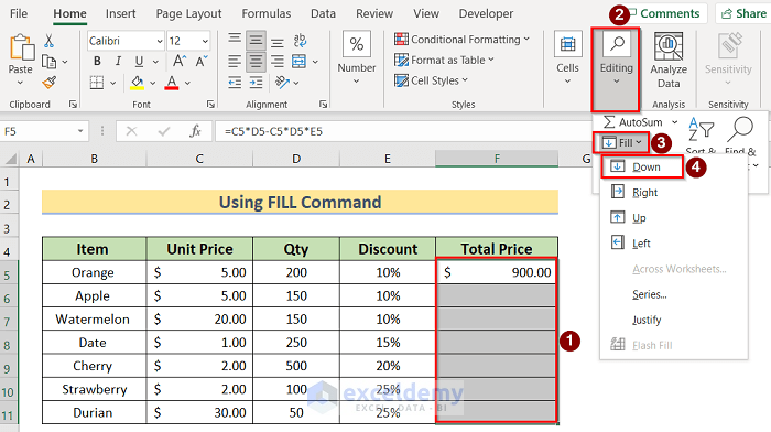 Using Fill Command to Use Excel Autofill Formula