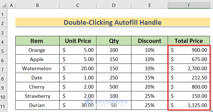 Result to Use Excel Autofill Formula