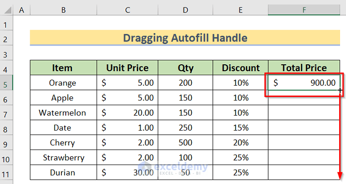 Fill Handle to Use Excel Autofill Formula