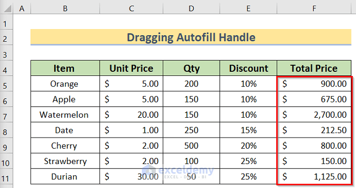 Result to Use Excel Autofill Formula