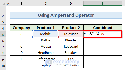 using ampersand to combine multiple cells into one separated by a comma in Excel