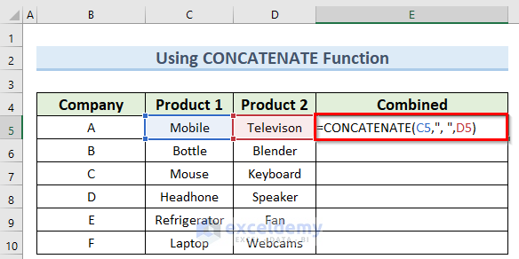 using concatenate function to combine multiple cells into one separated by a comma in Excel