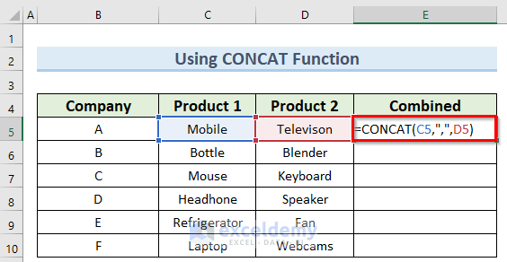 using concat function to combine multiple cells into one separated by a comma in Excel