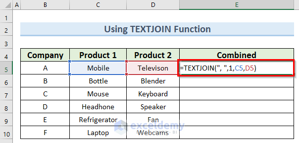 using textjoin function to combine multiple cells into one separated by a comma in Excel