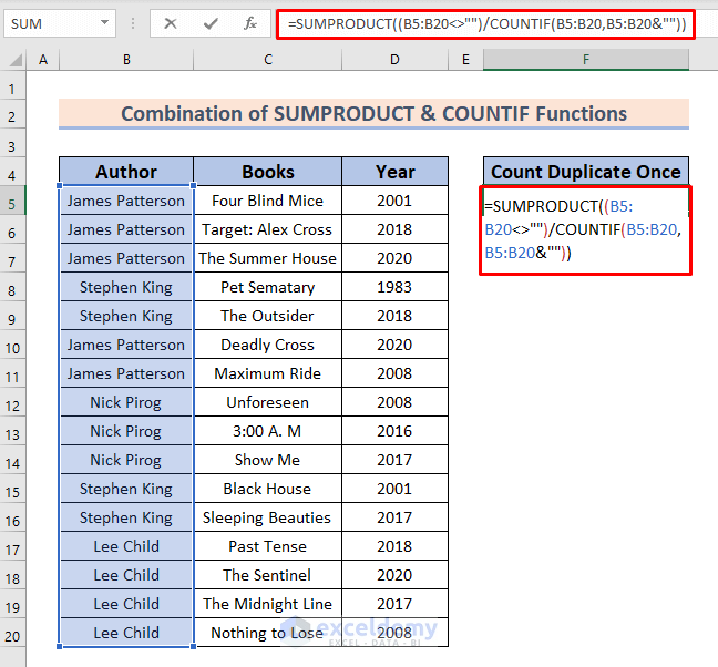 Using sumproduct and countif functions to excel count duplicate values only once