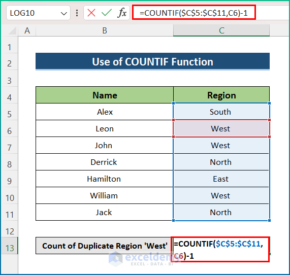 Insert COUNTIF Function in Excel to Count Duplicates in Column Excluding First Occurrence
