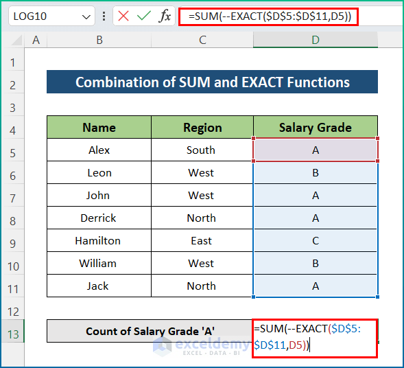 Combine SUM and EXACT Functions for Counting Case-Sensitive Duplicates in Columns