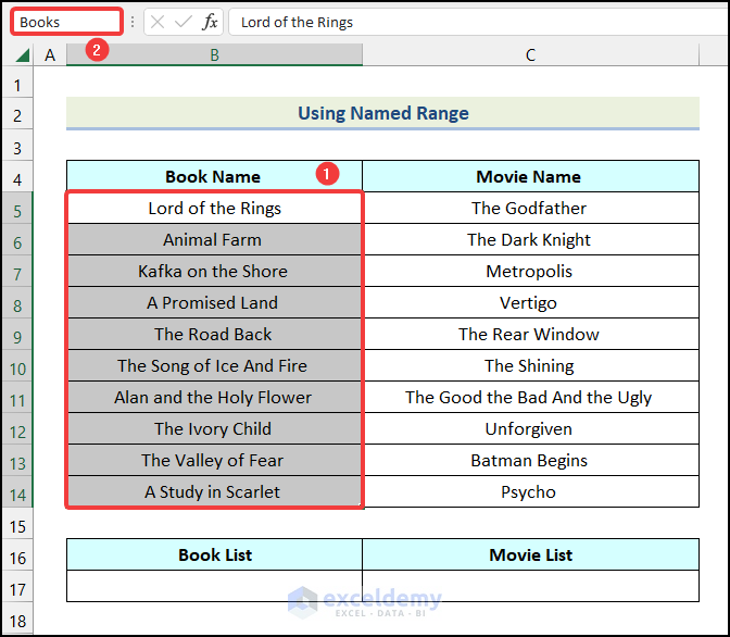 Using Named Range to create a list from range in Excel