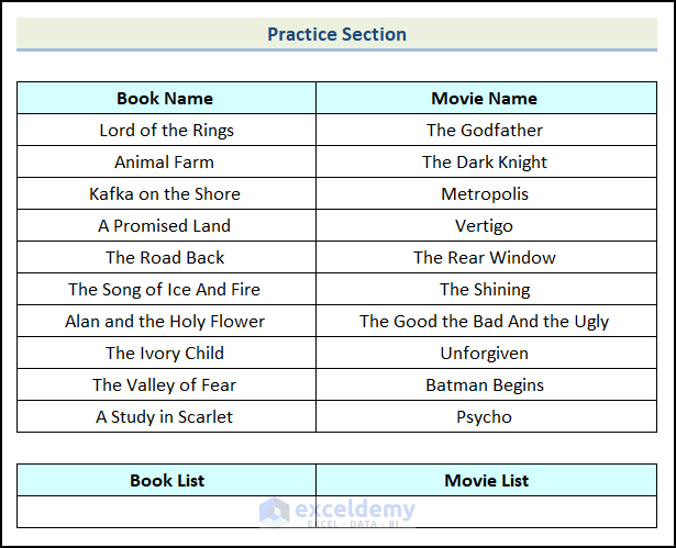 practice section to to create a list from range in Excel