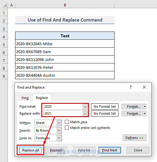 Use Find And Replace Tool for Multiple Values in Excel