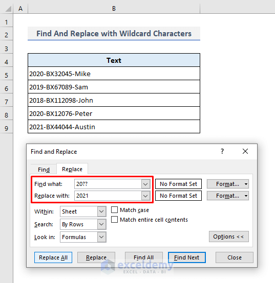 Use Find And Replace Tool for Multiple Values in Excel