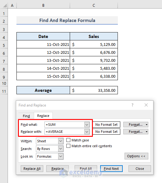 Use Find And Replace Tool for Multiple Values in Excel