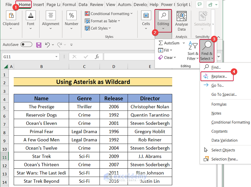 using asterisk as wildcard to find and replace with wildcards in excel