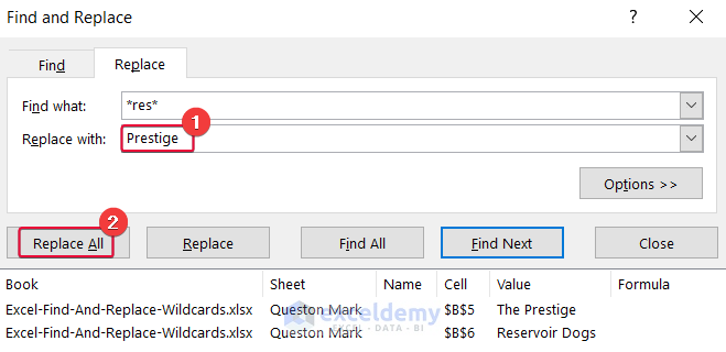 inserting replace value to find and replace with wildcards in Excel