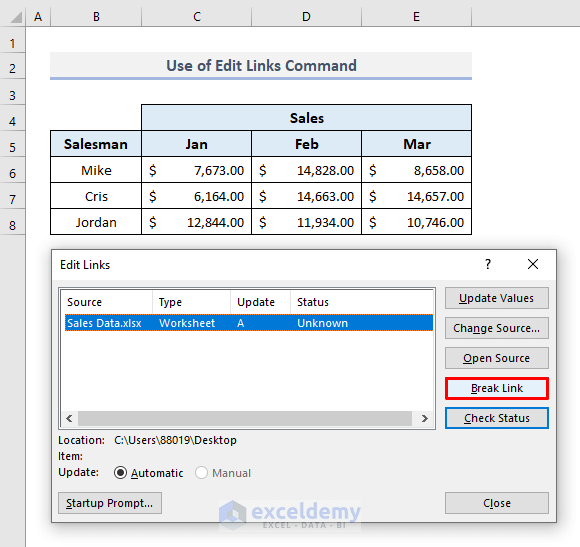 Use Edit Links Command to Find and Remove External Links in Excel