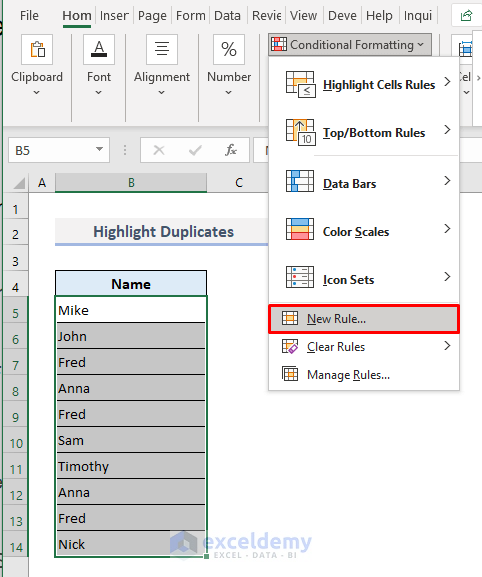 Find and Highlight Duplicates with Conditional Formatting Rule
