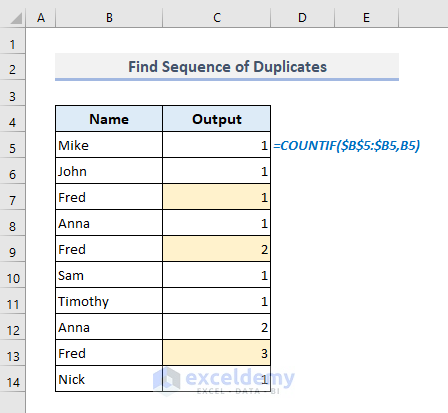 Find Sequence of Duplicates with Excel Formula