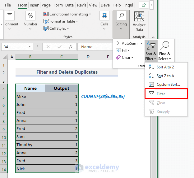 Filter and Delete Duplicates in One Column in Excel