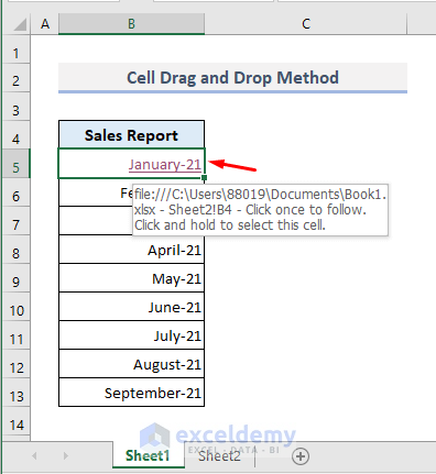 Apply Cell Drag-and-Drop Method to Create Hyperlink to Another Sheet