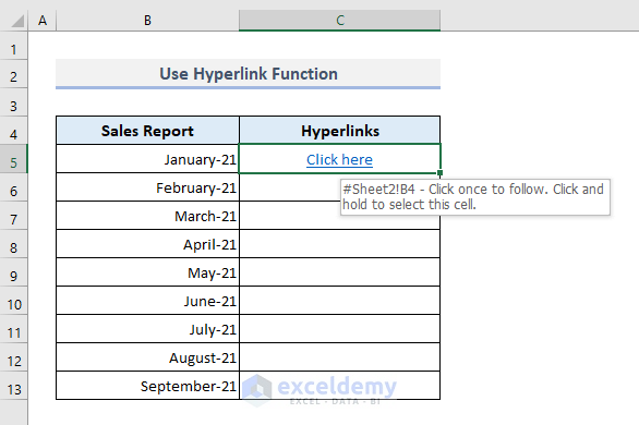Use the HYPERLINK function to Add Hyperlink to Another Sheet in Excel