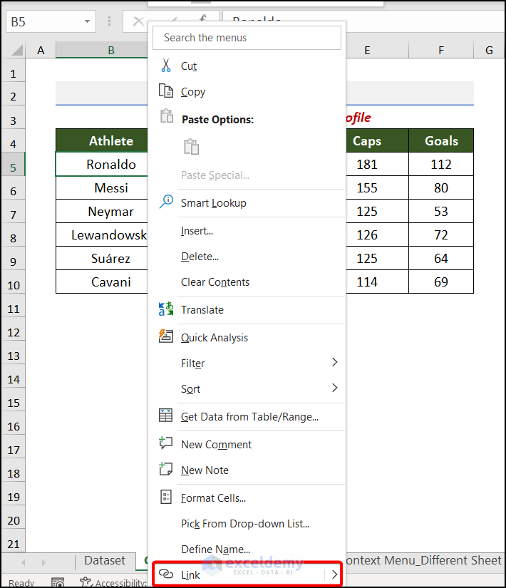 Using the Link Option from Context Menu to hyperlink to cell in excel