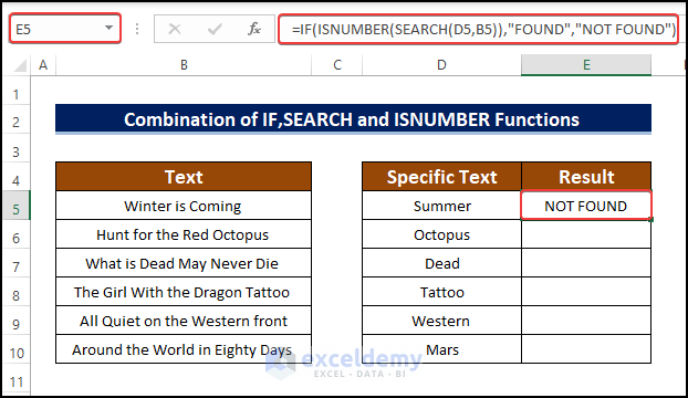 Joining ISNUMBER, SEARCH, and IF Functions to Find If Range of Cells Contains Specific Text in Excel 