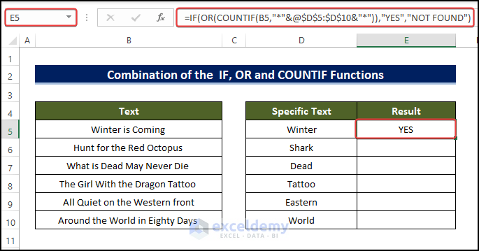 Joining IF with COUNTIF Functions to Find If Range of Cells Contains Specific Text in Excel 