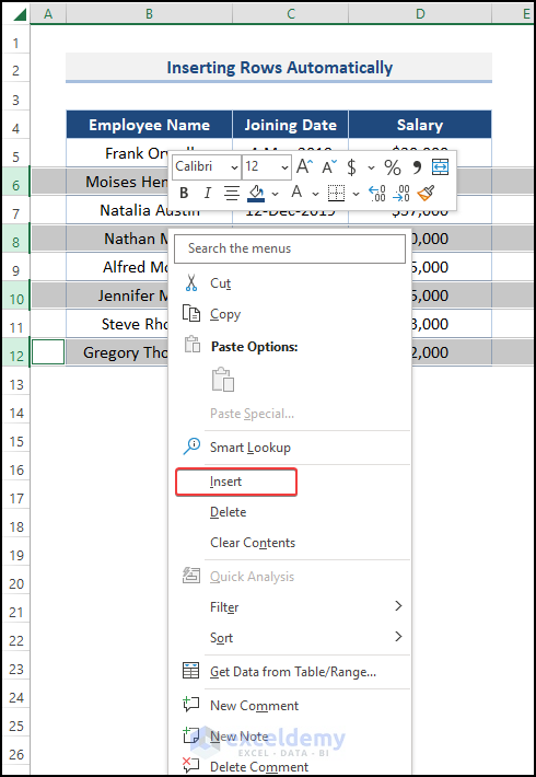 Insert Command from the Context Menu to insert blank rows after every nth row in excel