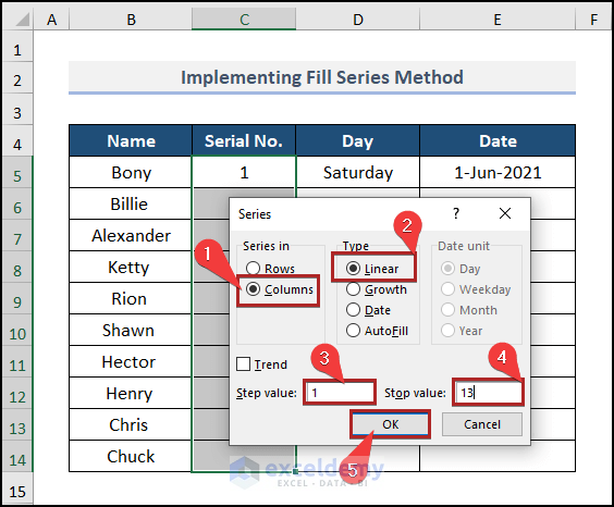 using series dialog box in Excel