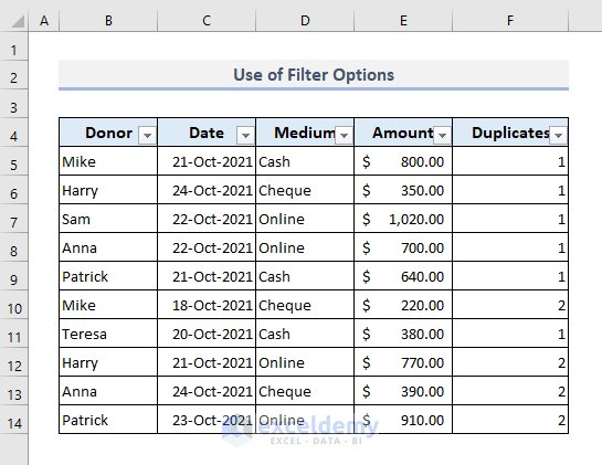 Apply Filter Options to Remove Duplicates Based on One Column